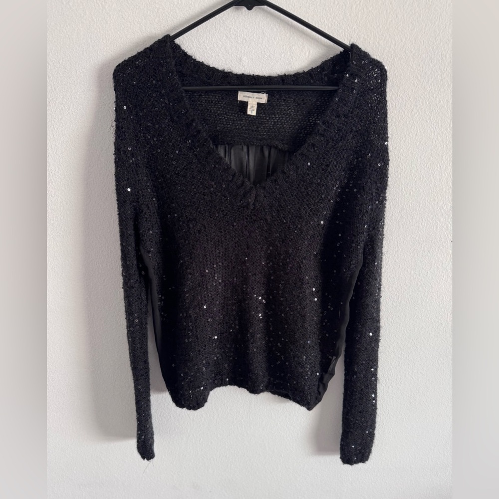 Silence + Noise Women’s Sweater Sequin Sheer Back Black V-Neck Size Small